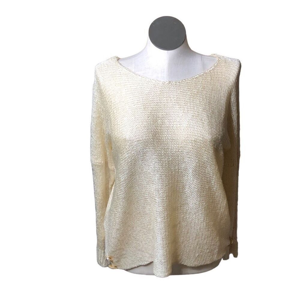 Ces Femme Womens Sweater M Ballet Neck Open Weave Shimmer Ivory Mini Bell Sleeve